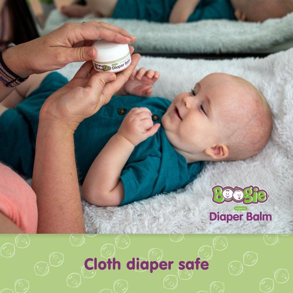 Boogie Diaper Balm cloth diaper-safe note beside the jar.