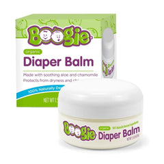 Boogie Diaper Balm jar close-up showing organic formula for gentle baby skin.