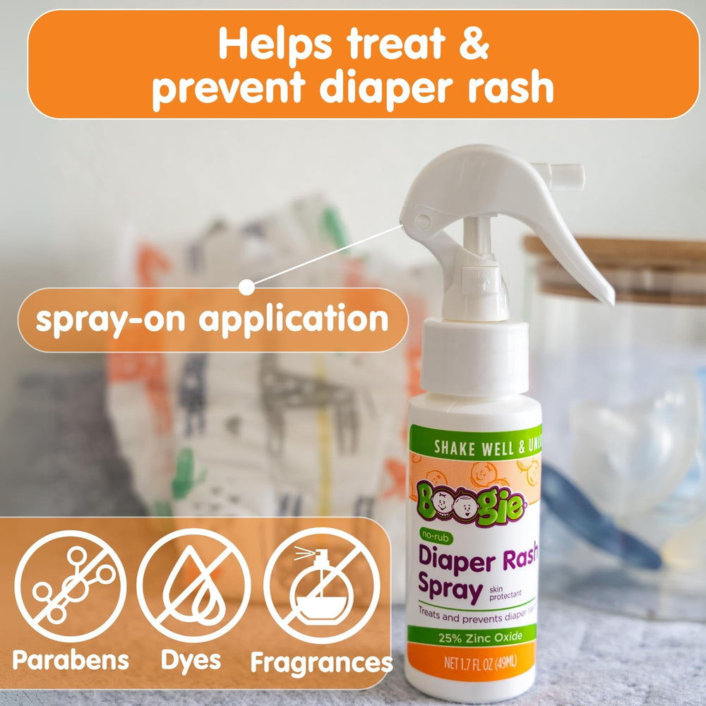 Boogie Diaper Rash Spray used during a diaper change at table.