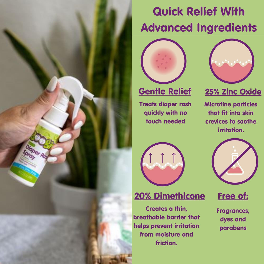 Boogie Diaper Rash Spray label close-up with product details.