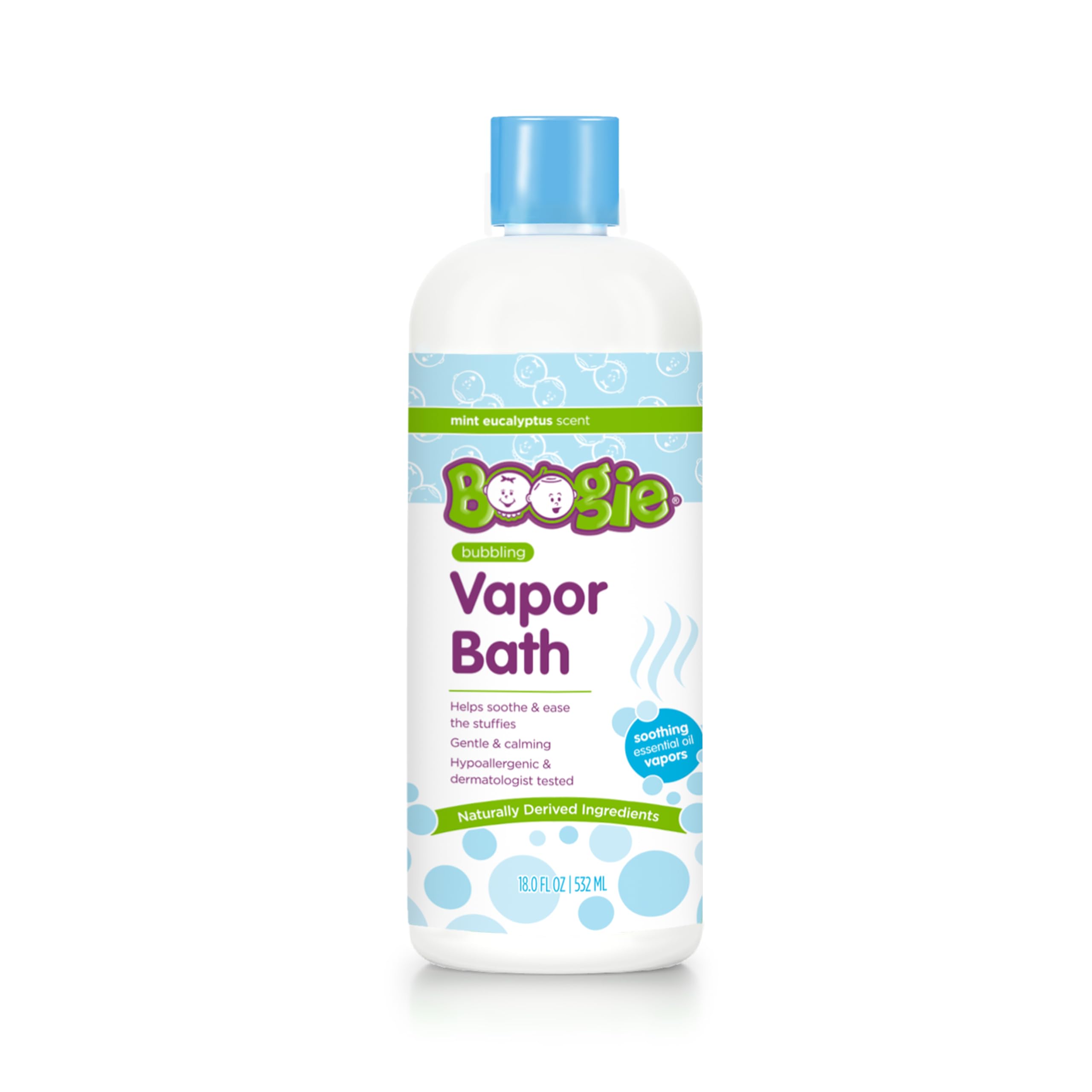 Boogie Kids Botanical Bubble Bath bottle pouring into tub showing soothing vapor