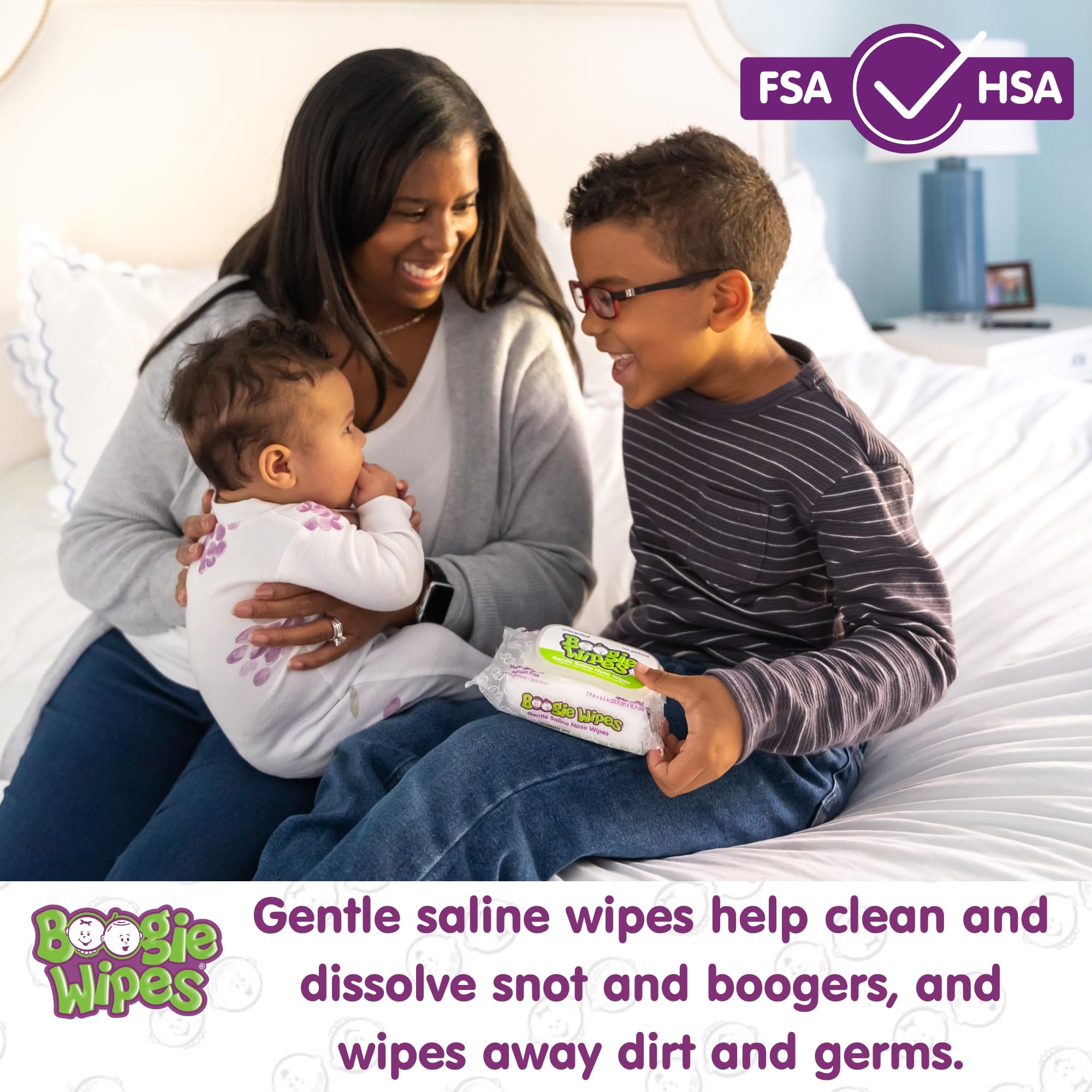 Boogie nose wipes being used by a child for nasal cleanup.