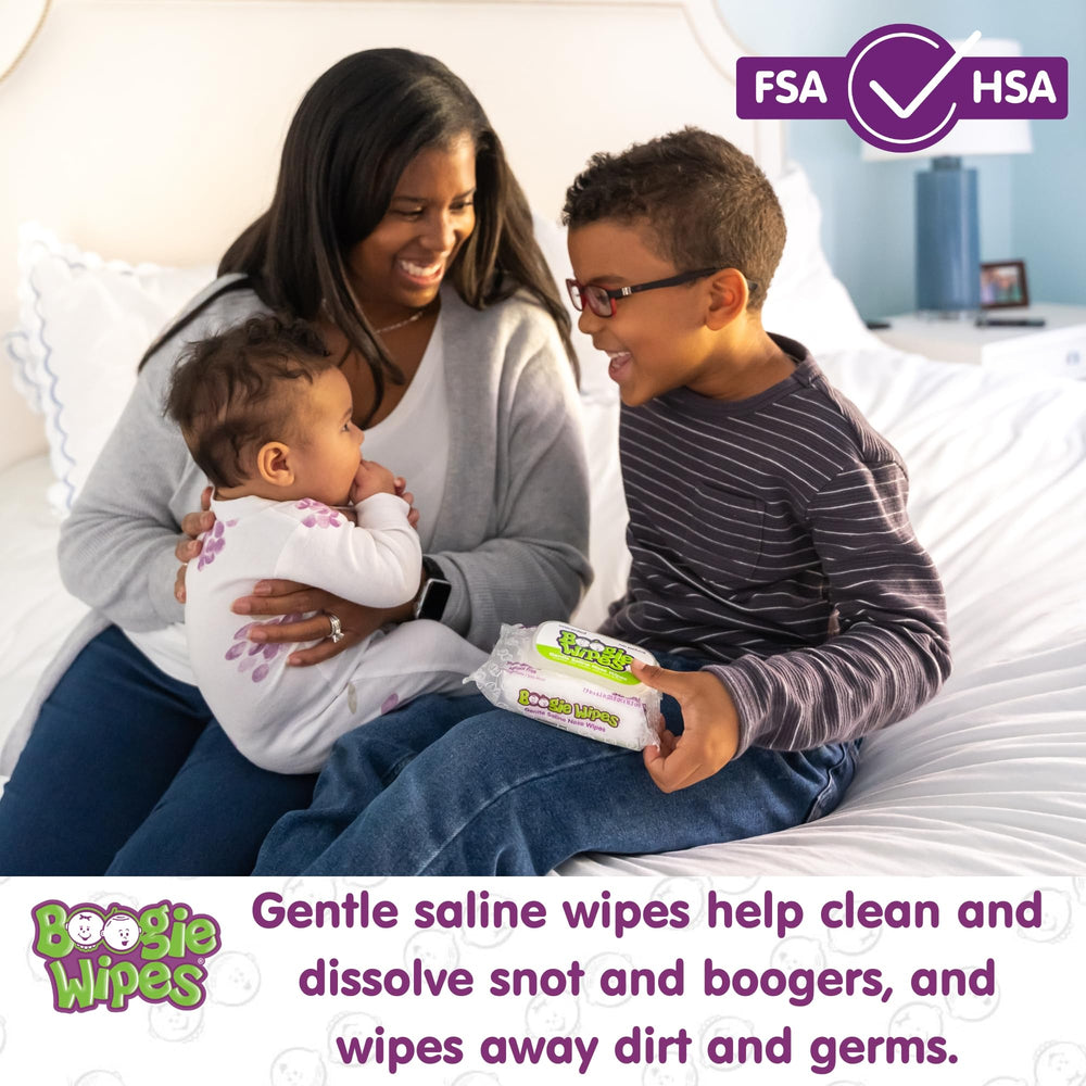 Boogie nose wipes being used by a child for nasal cleanup.