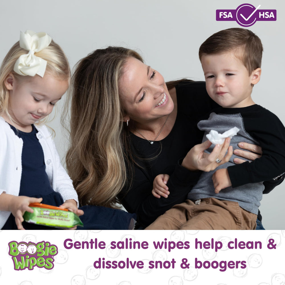 Boogie saline nose wipes for the face soothe skin with Aloe and Vitamin E.