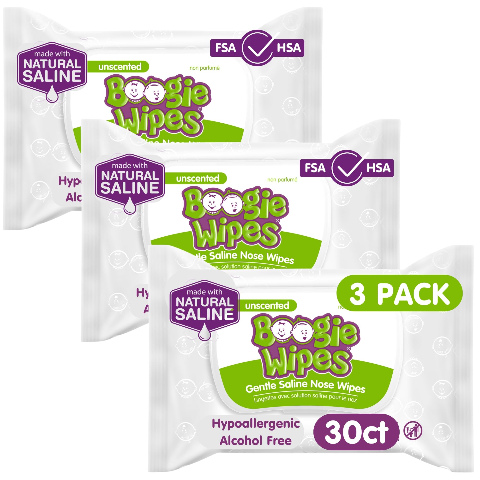 Boogie saline nose wipes pack front view for gentle nasal cleansing.