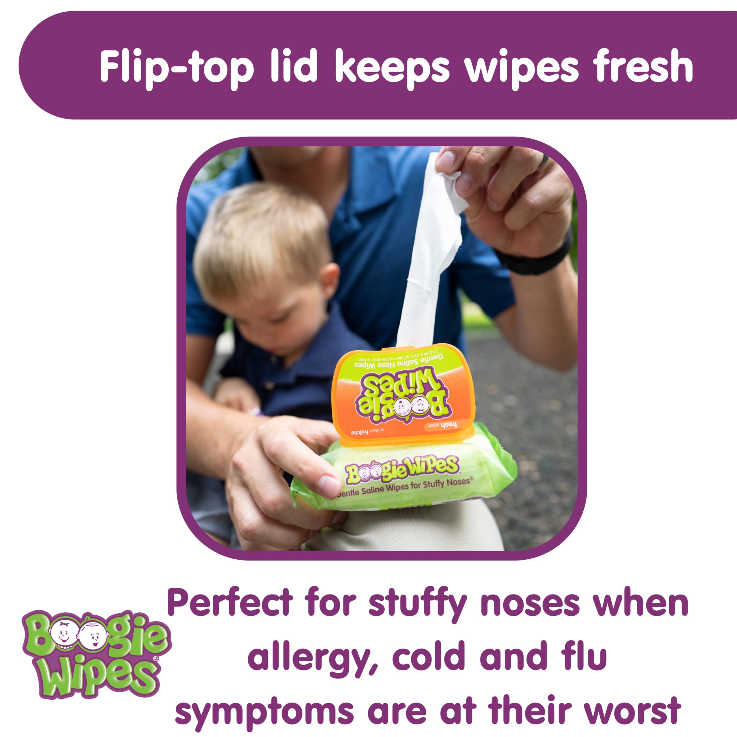 Boogie saline nose wipes with resealable lid stay fresh on the go.