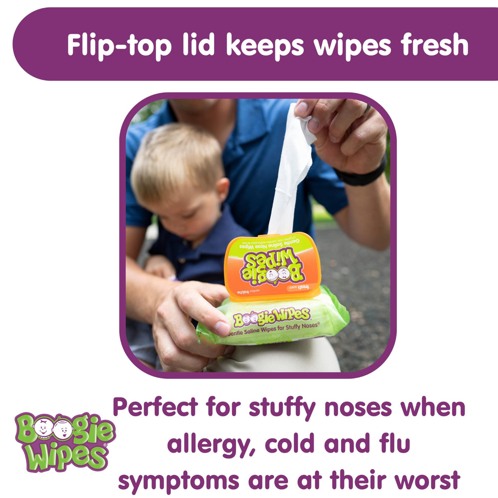 Boogie saline nose wipes with resealable lid stay fresh on the go.