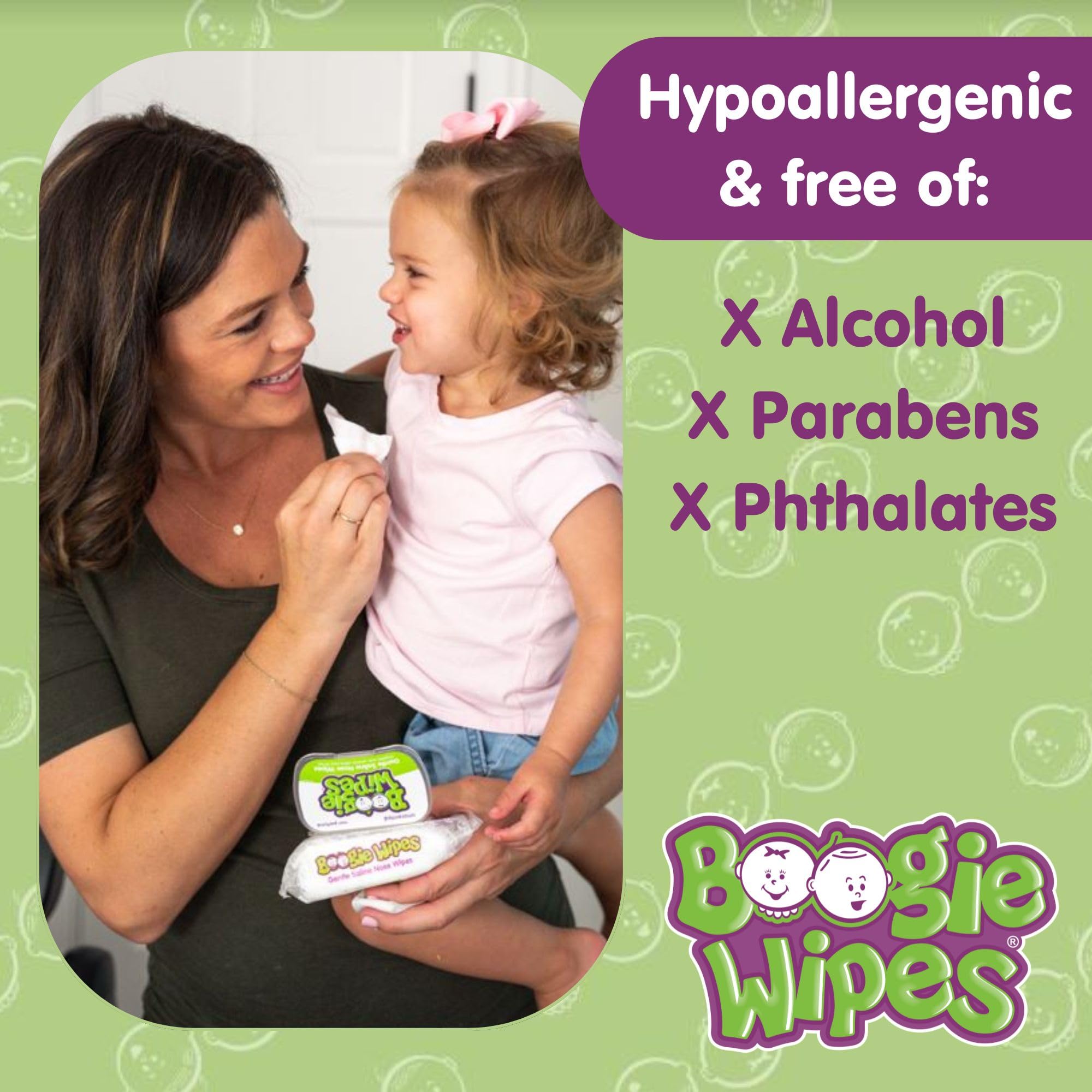 Boogie wipes label highlights alcohol-free and unscented formula.