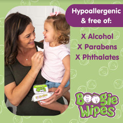 Boogie wipes label highlights alcohol-free and unscented formula.