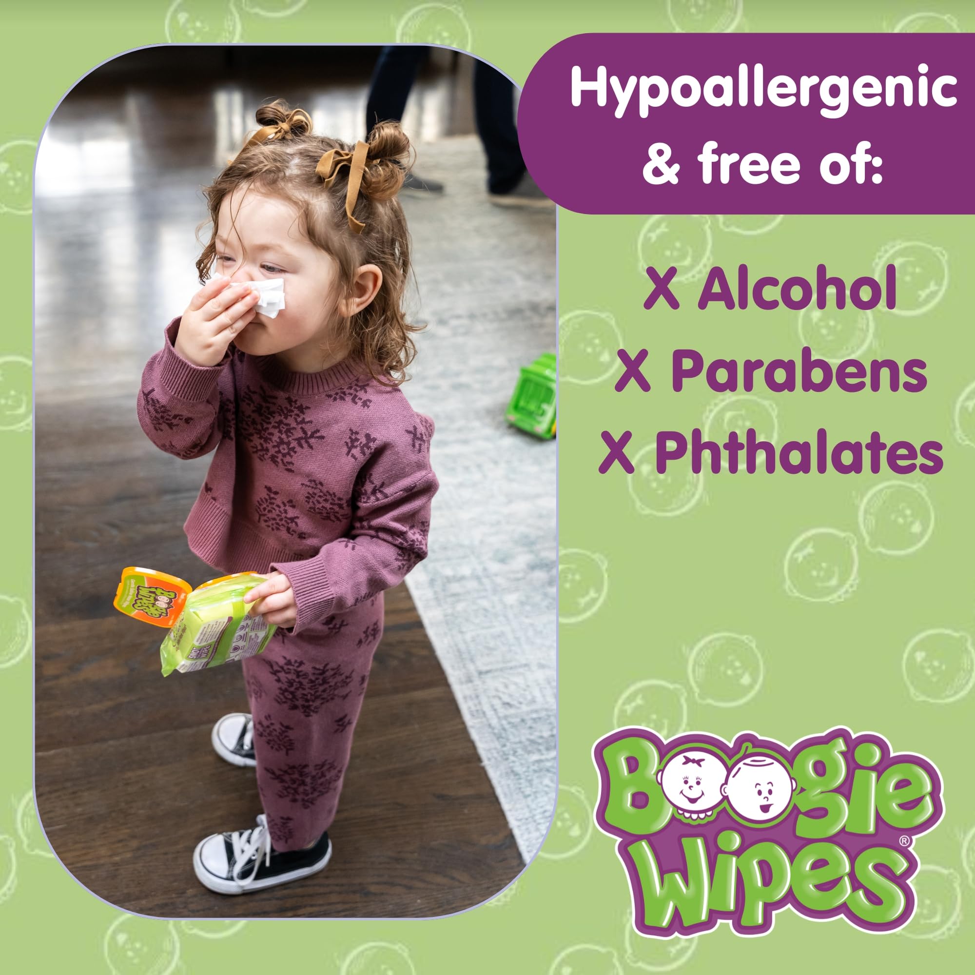 Boogie Wipes being used on the face with gentle moisture for skin care.