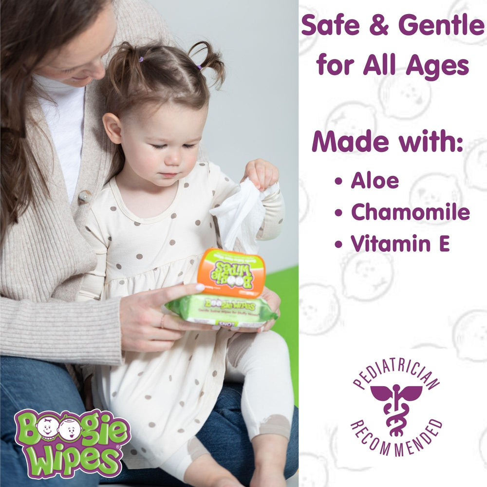 Boogie Wipes in use on a nose with gentle saline formula.