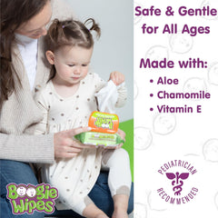 Boogie Wipes in use on a nose with gentle saline formula.