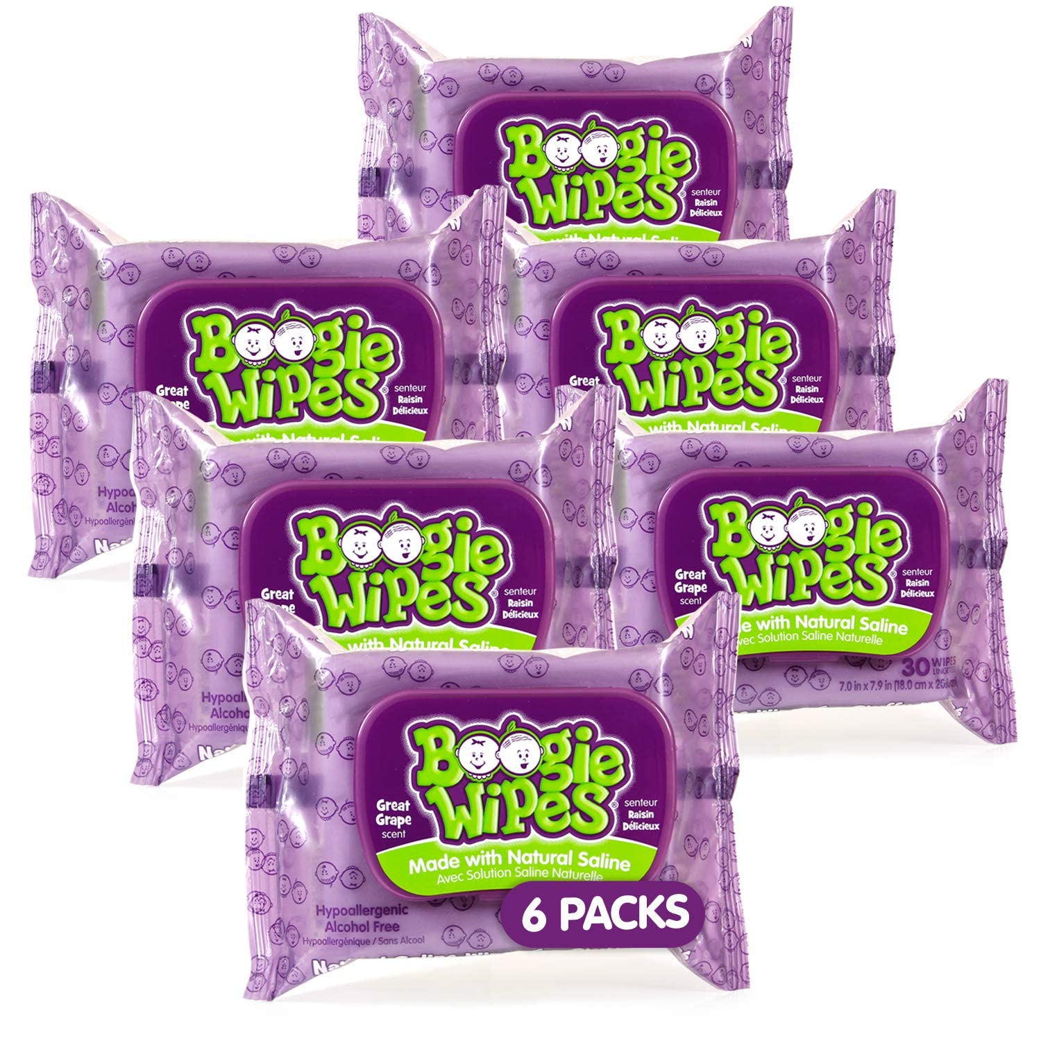 Boogie Wipes saline nose wipes provide gentle nasal cleaning with vitamin E and aloe.