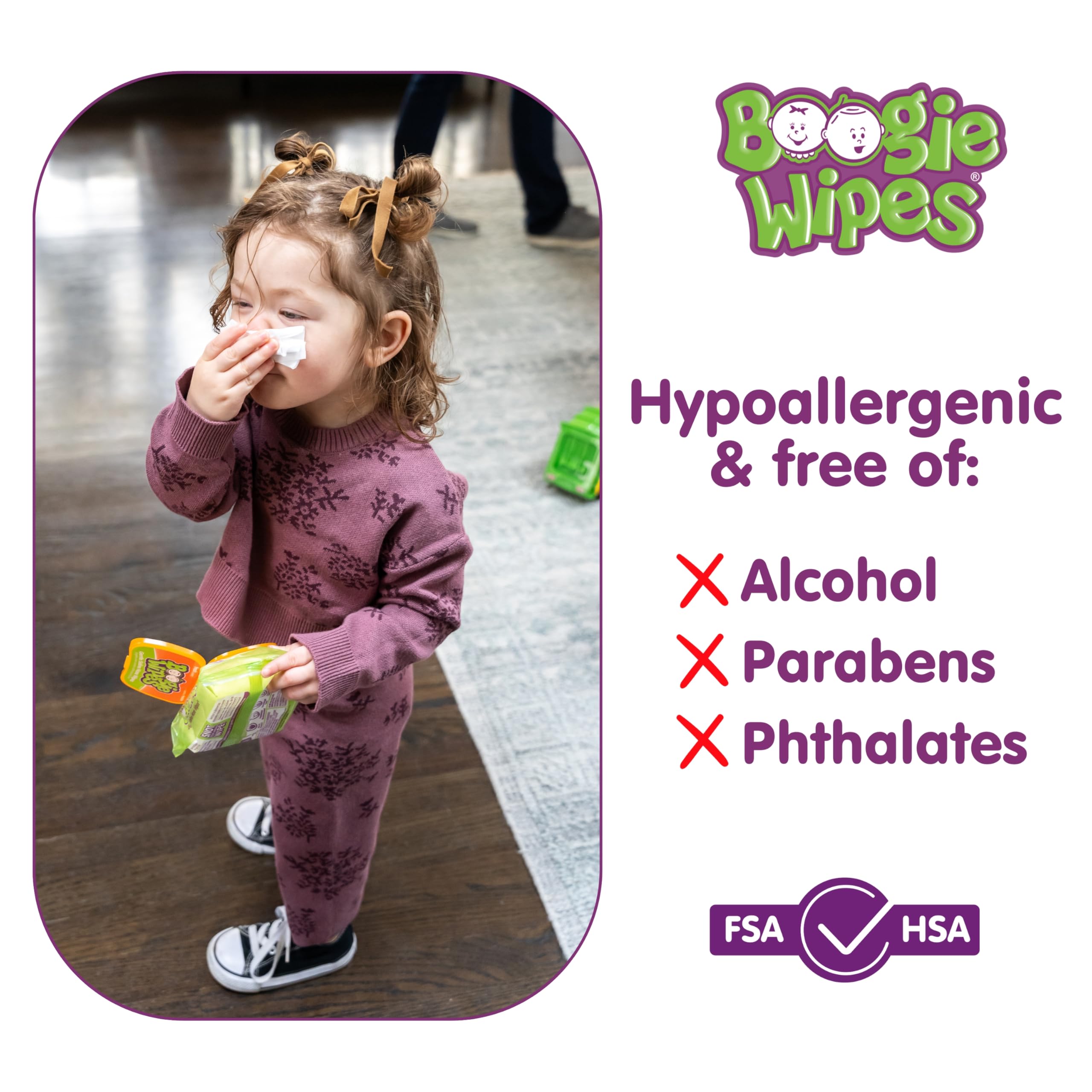 Boogie Wipes in action on a child's nose for soft cleansing