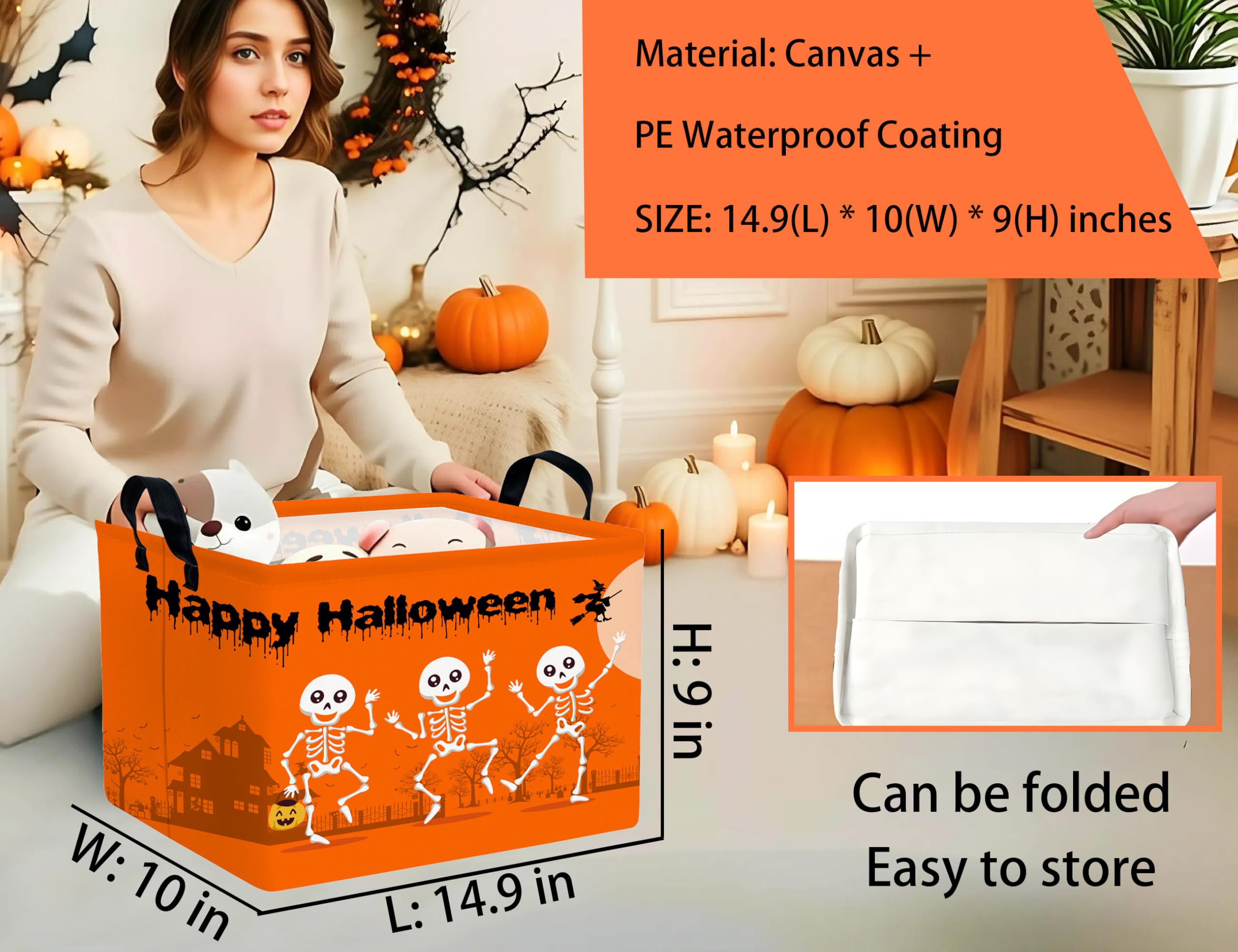 BOOHIT canvas storage bin with Halloween pattern, ideal for organizing toys and clothes.
