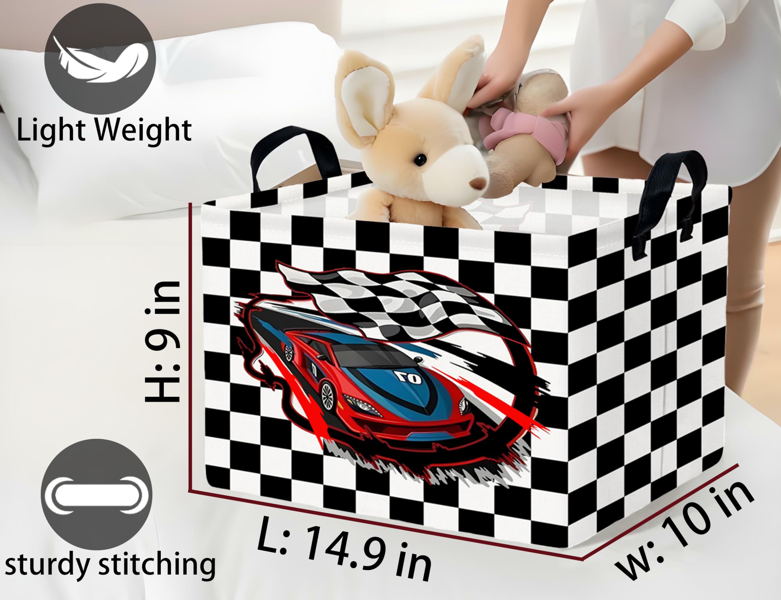 BOOHIT checkered canvas bin with leather handles for easy moving around
