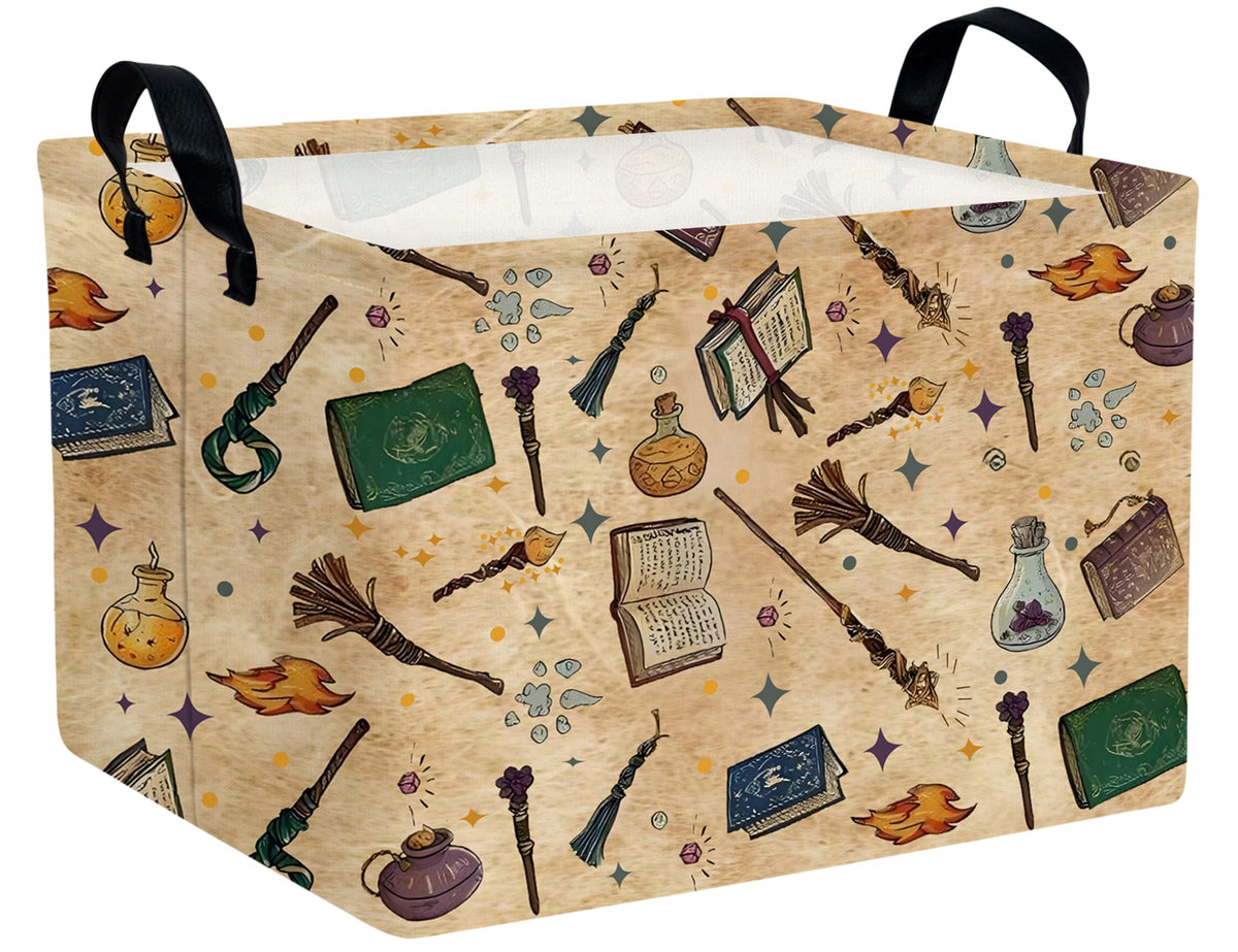 Boohit large kids book basket front view with sturdy leather handles for easy transport.