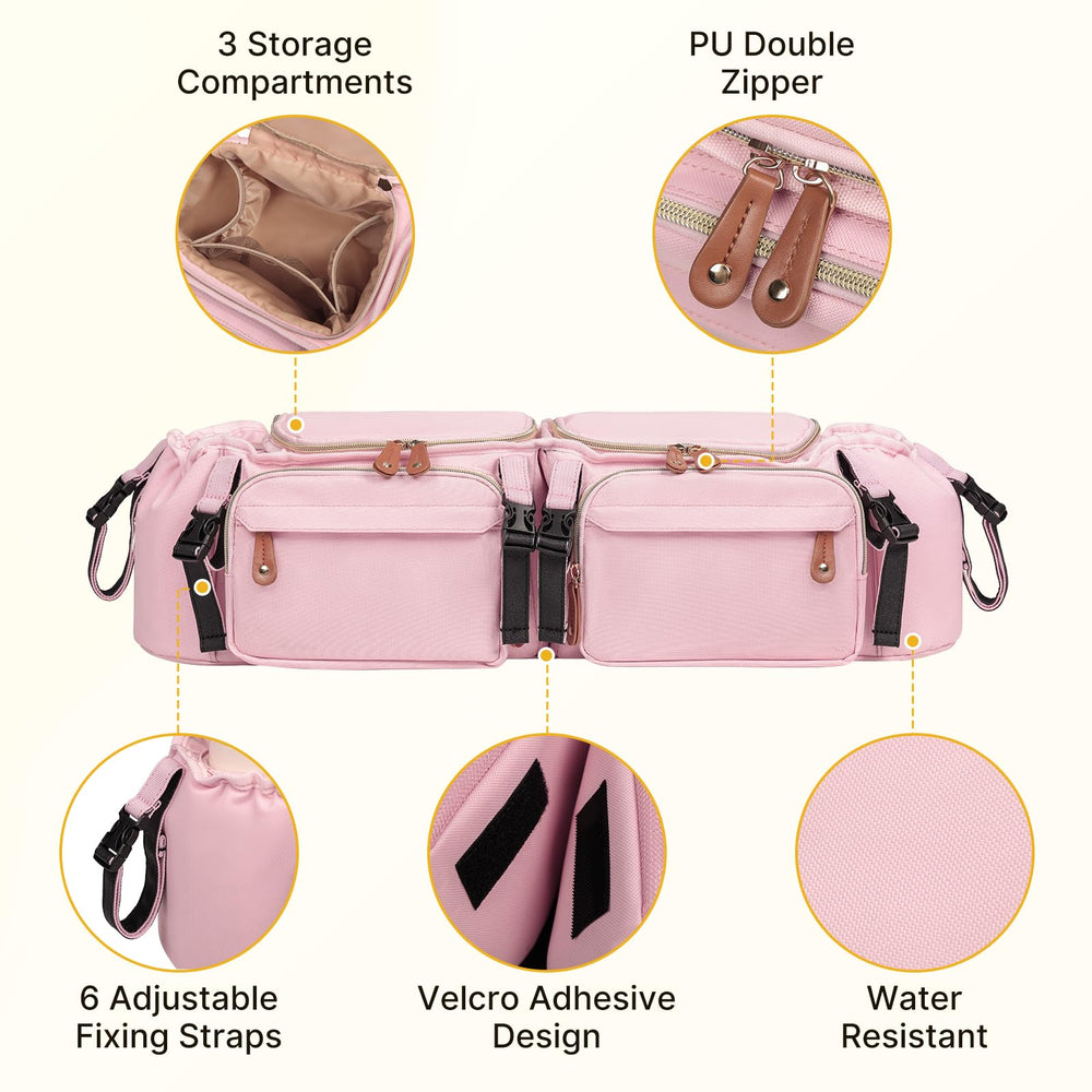 Boomistry center-bar Velcro pockets stay secure on center-bar strollers