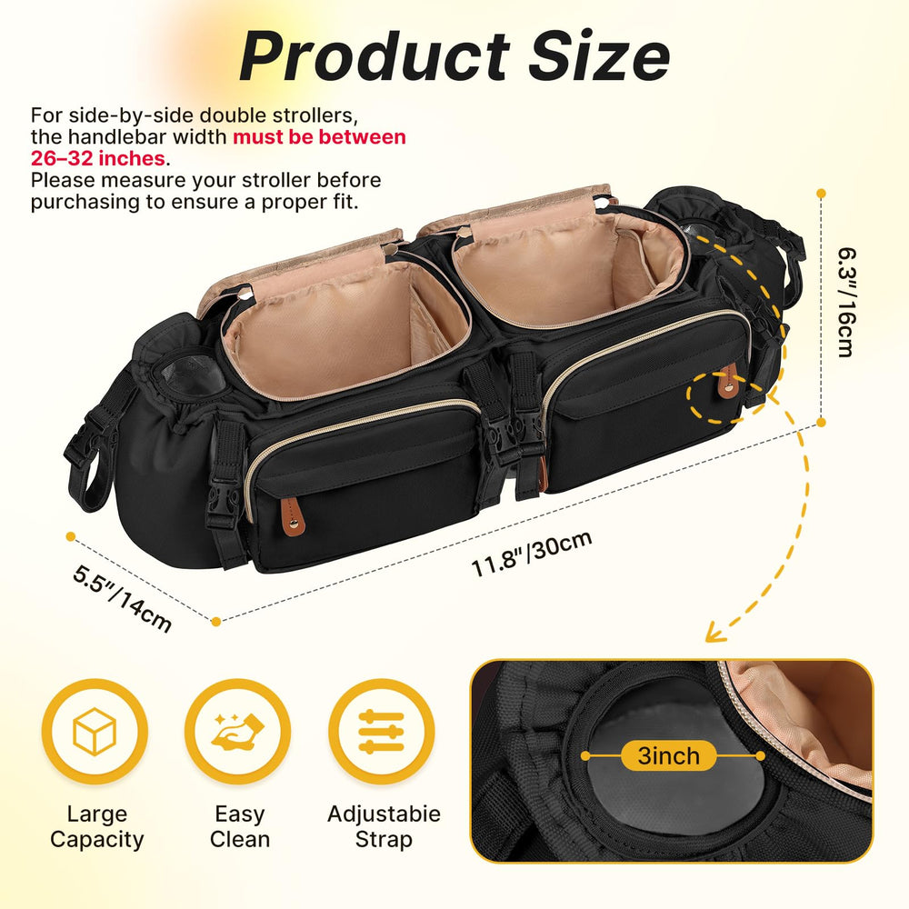 Boomistry stroller caddy provides 14 pockets for baby essentials and personal items.