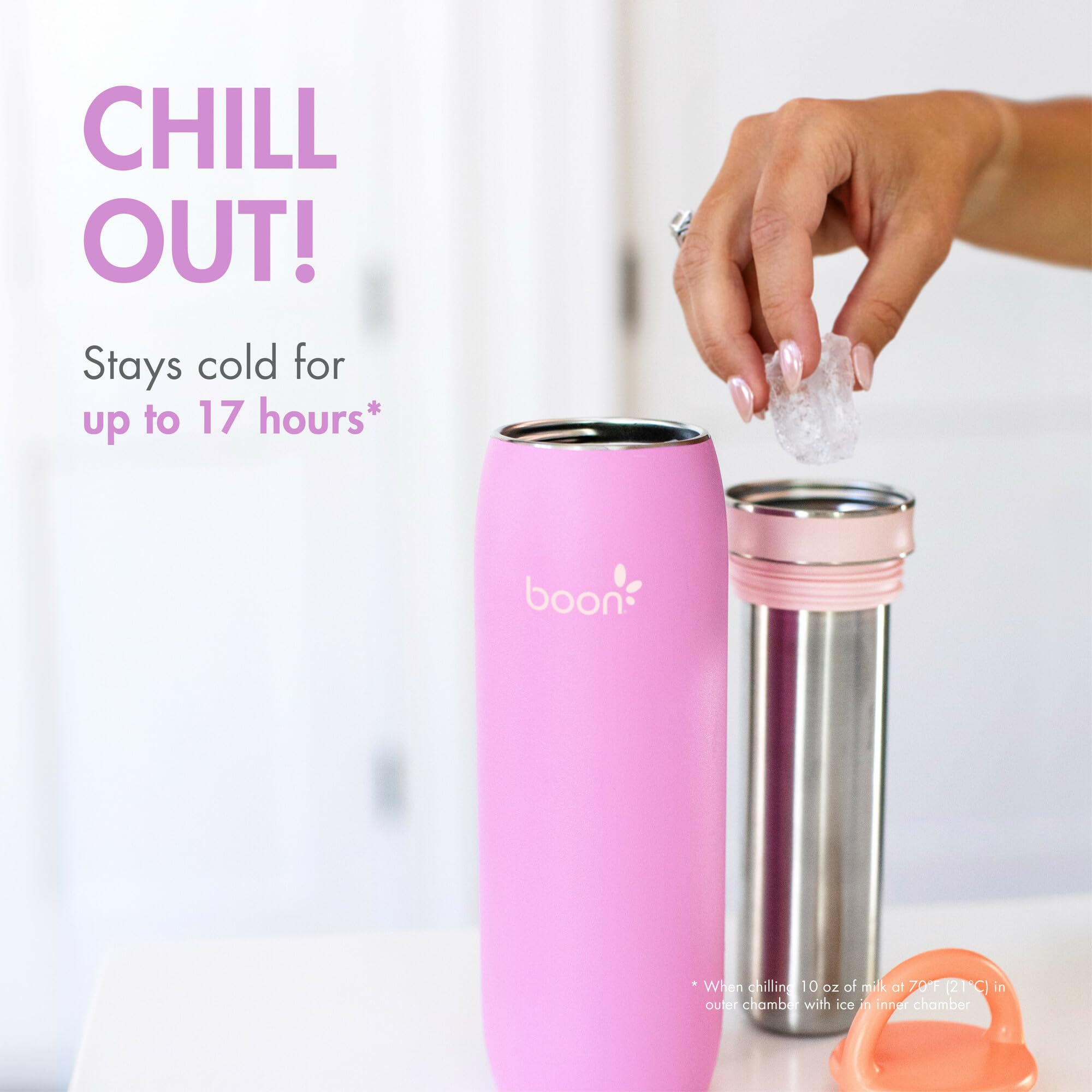 Boon Frosh double-wall vacuum seal preserves cold milk during travel.