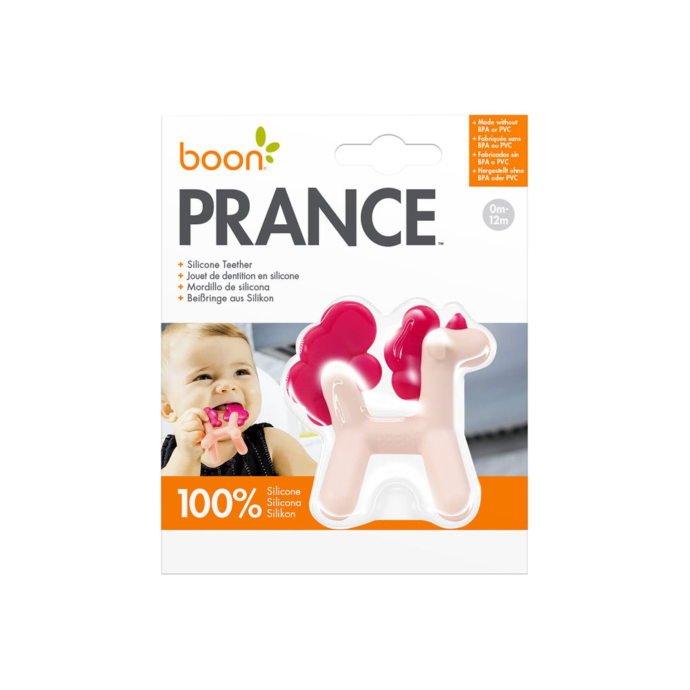 Boon Prance Unicorn Teether used during tummy time for engagement and play