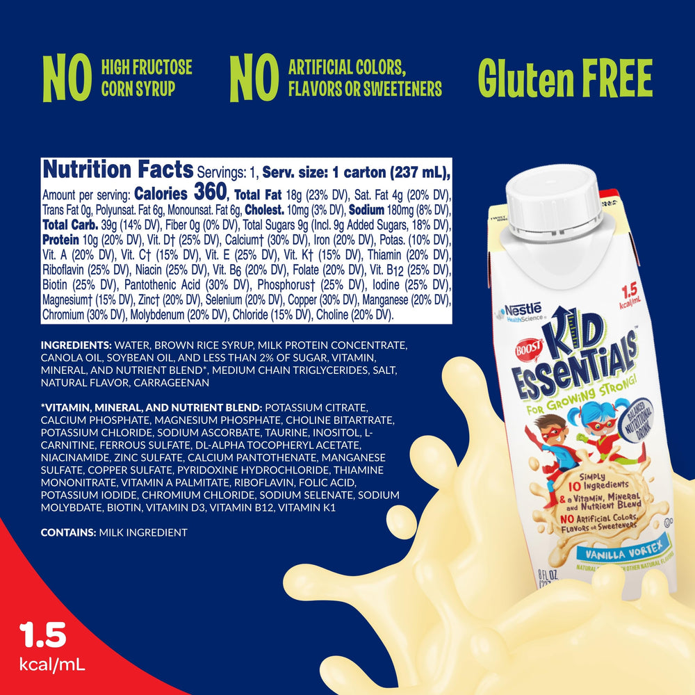 BOOST Kid Essentials Vanilla Vortex being poured, a convenient ready-to-drink option