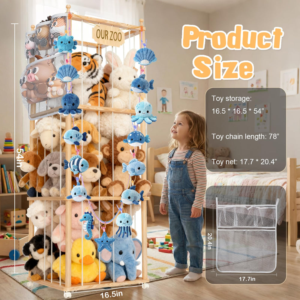 Boostool stuffed animal storage bag and clips securing plush toys neatly
