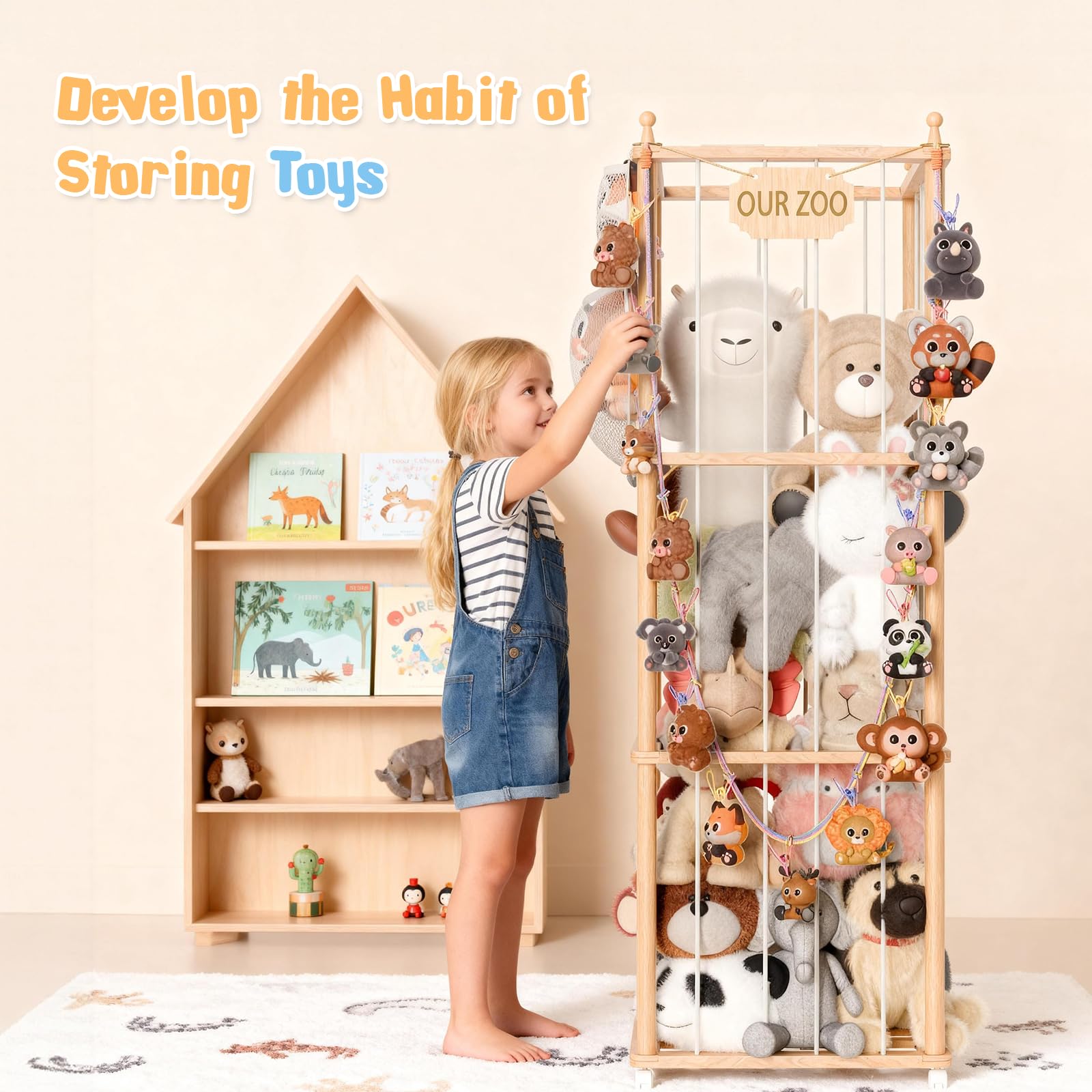 Boostool playroom setup featuring a spacious plush holder for daily cleanup
