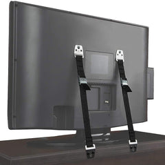 BOOTWO TV back strap securing a flat screen to prevent tipping.