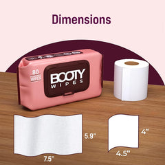 Booty Wipes large 5.9 by 7.5 inch wipe size for coverage.
