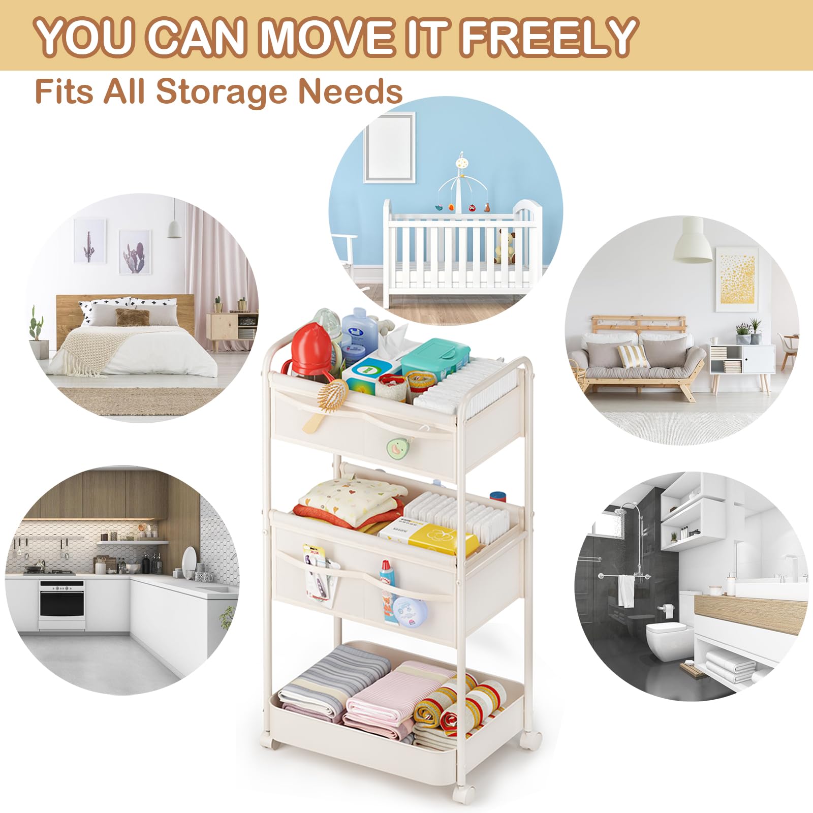 BOPHILI diaper caddy featuring 360-degree wheels for easy mobility.