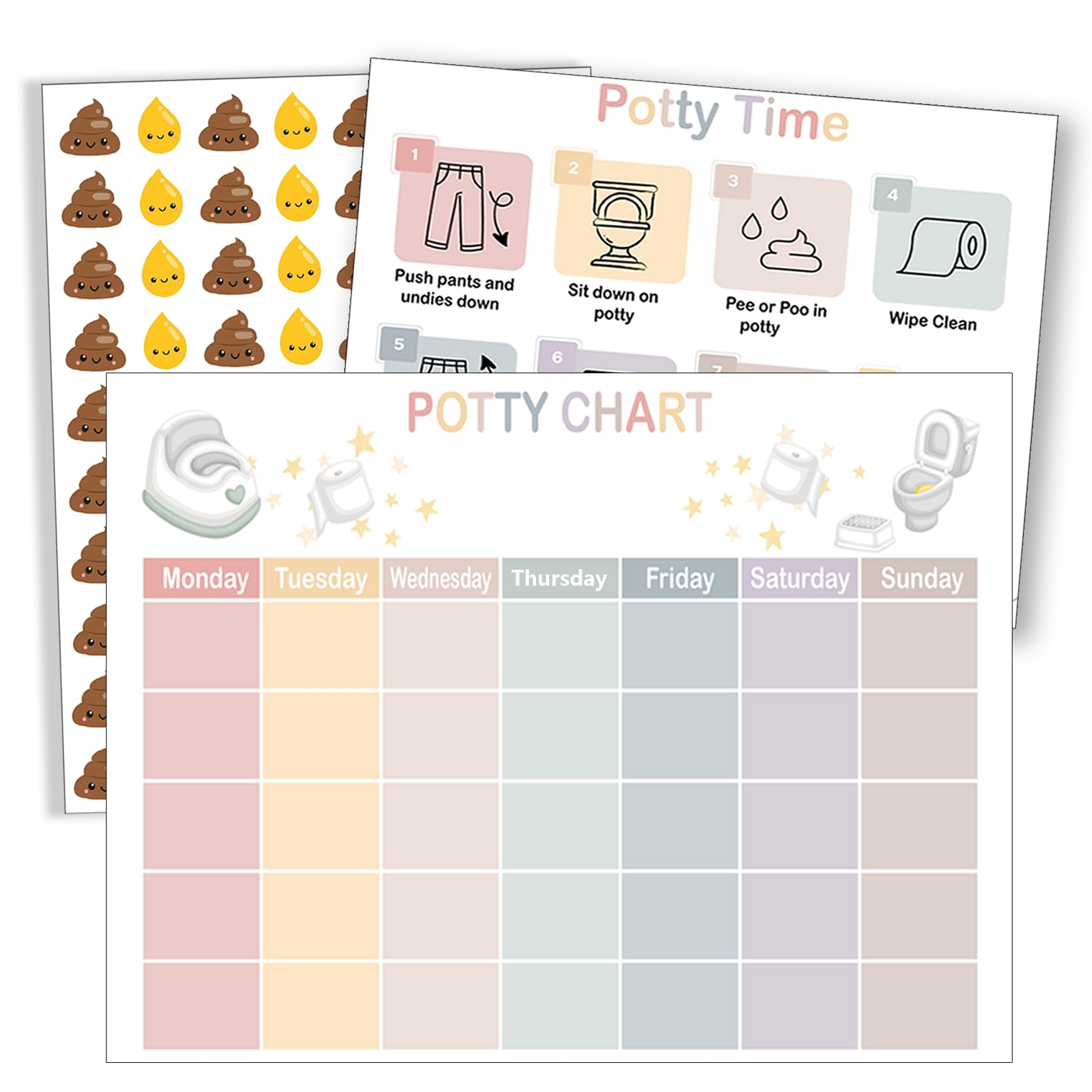 Boqon 17-pcs potty sticker chart motivates toddlers with colorful progress stickers.