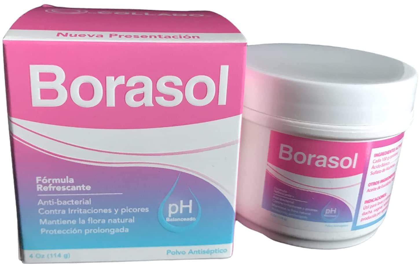 Borasol antiseptic powder closeup showcases cooling sensation and deodorant use.