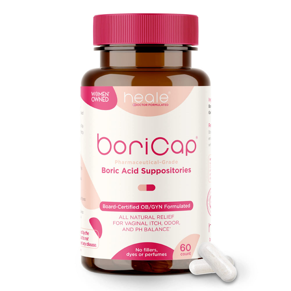 BoriCap 600 mg boric acid suppositories packaging promotes vaginal balance.