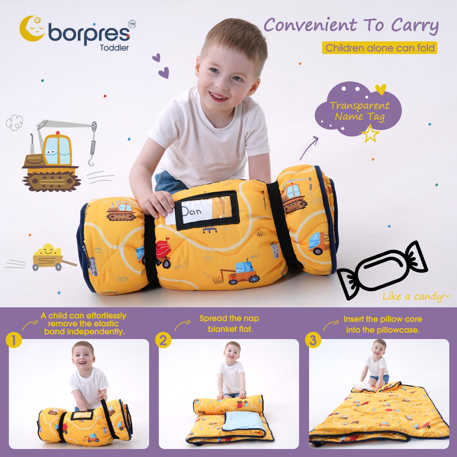BORPRES nap mat blanket set in soft fleece supports cozy rests for toddlers