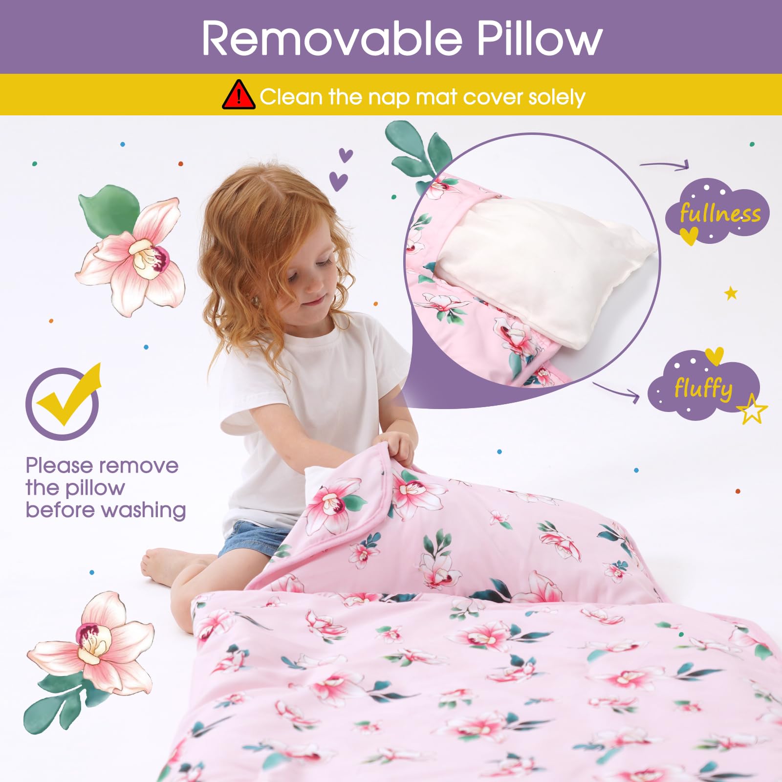BORPRES pink floral nap mat in a classroom setting ready for group use.