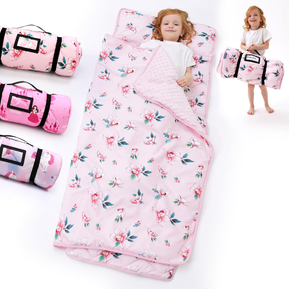 BORPRES nap mat pink floral top view showcasing cozy naptime comfort.