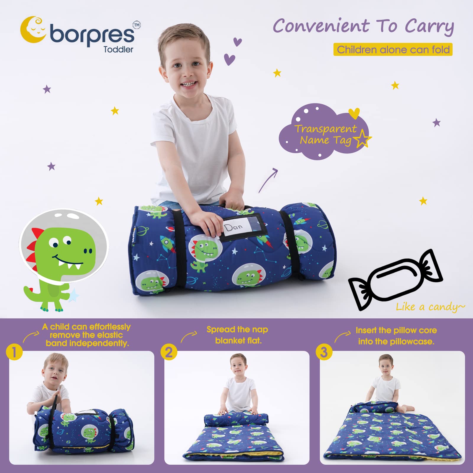BORPRES nap mat with removable pillow showing plush minky fleece