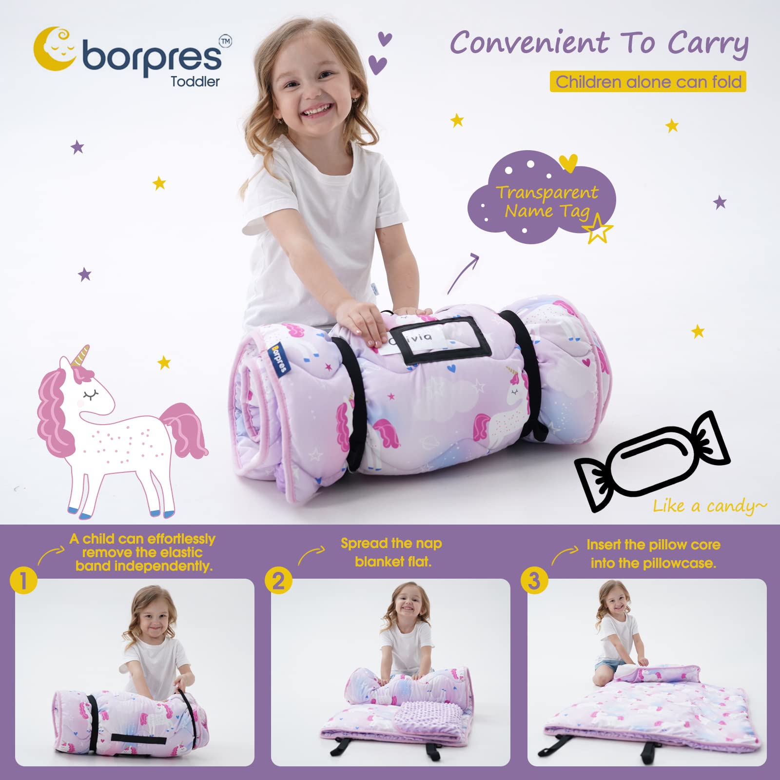 BORPRES nap mat roll-up design for travel and daycare on the go