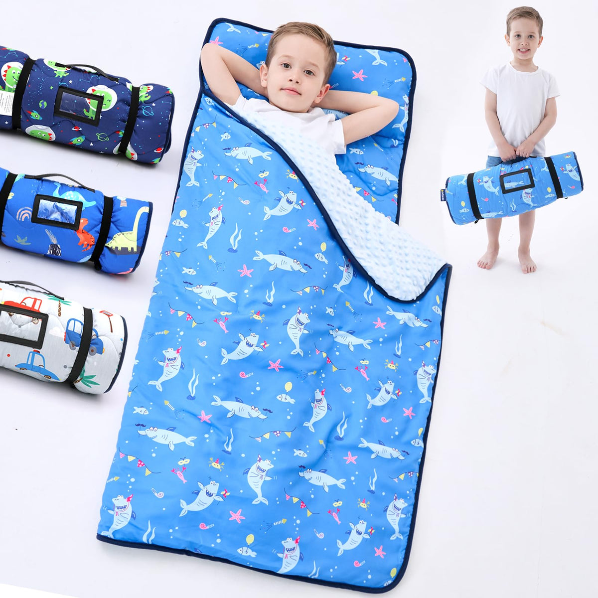 BORPRES Shark Nap Mat front view with removable pillow for comfy naps.