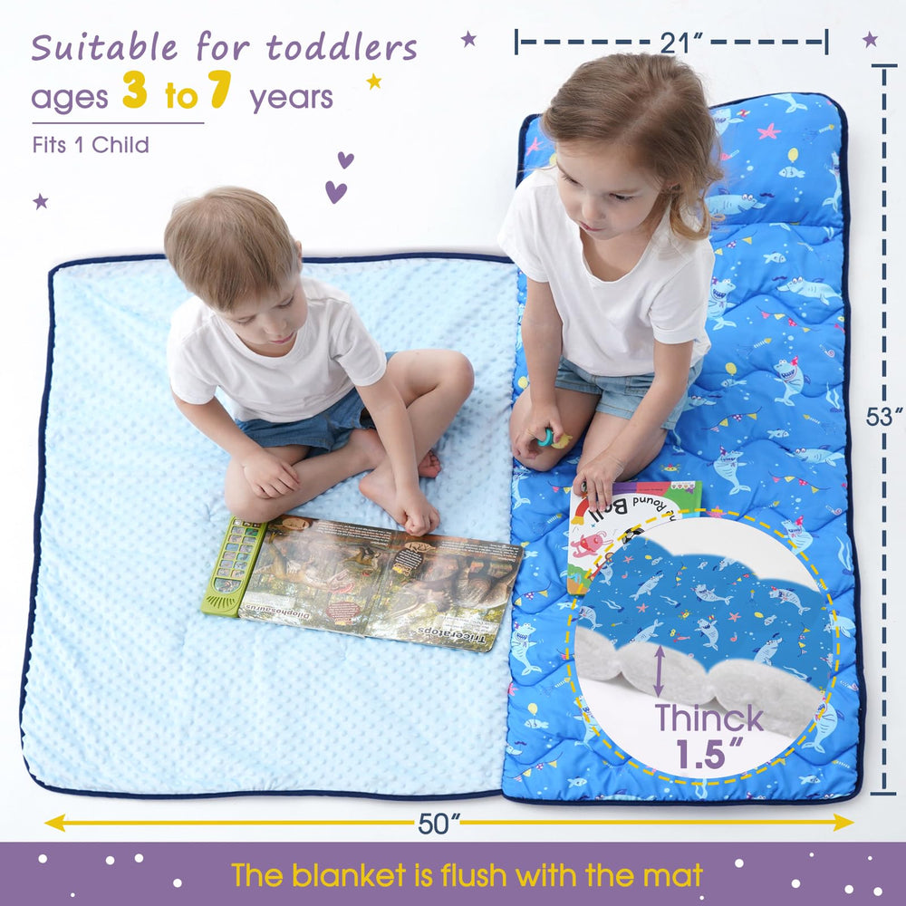 BORPRES Shark Nap Mat roll-up with carry handle for easy travel and daycare.