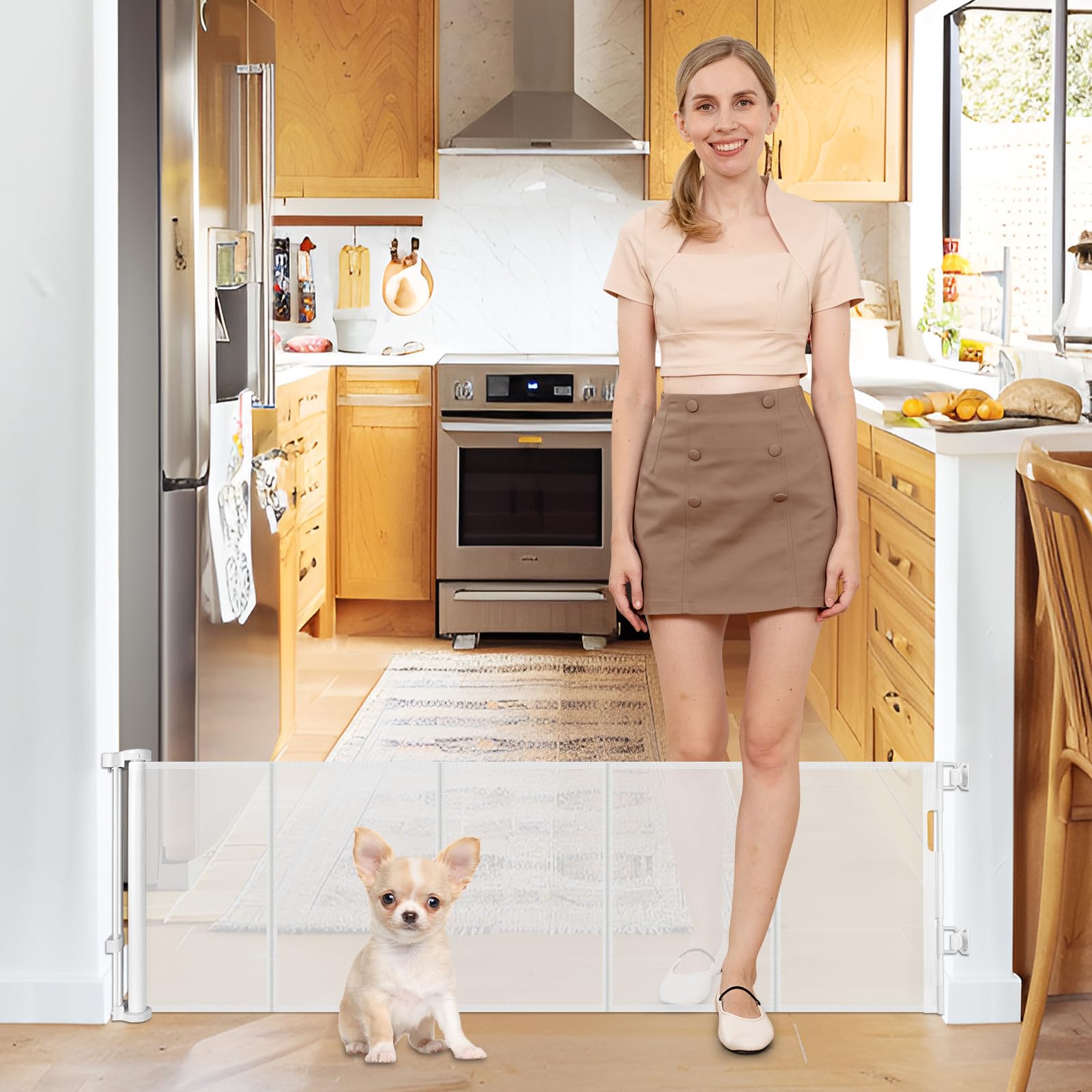 Borthmiu 20-inch step-over gate in doorway for small pets.