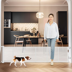 Borthmiu retractable dog gate stretched to 75 inches for wide openings, safe use