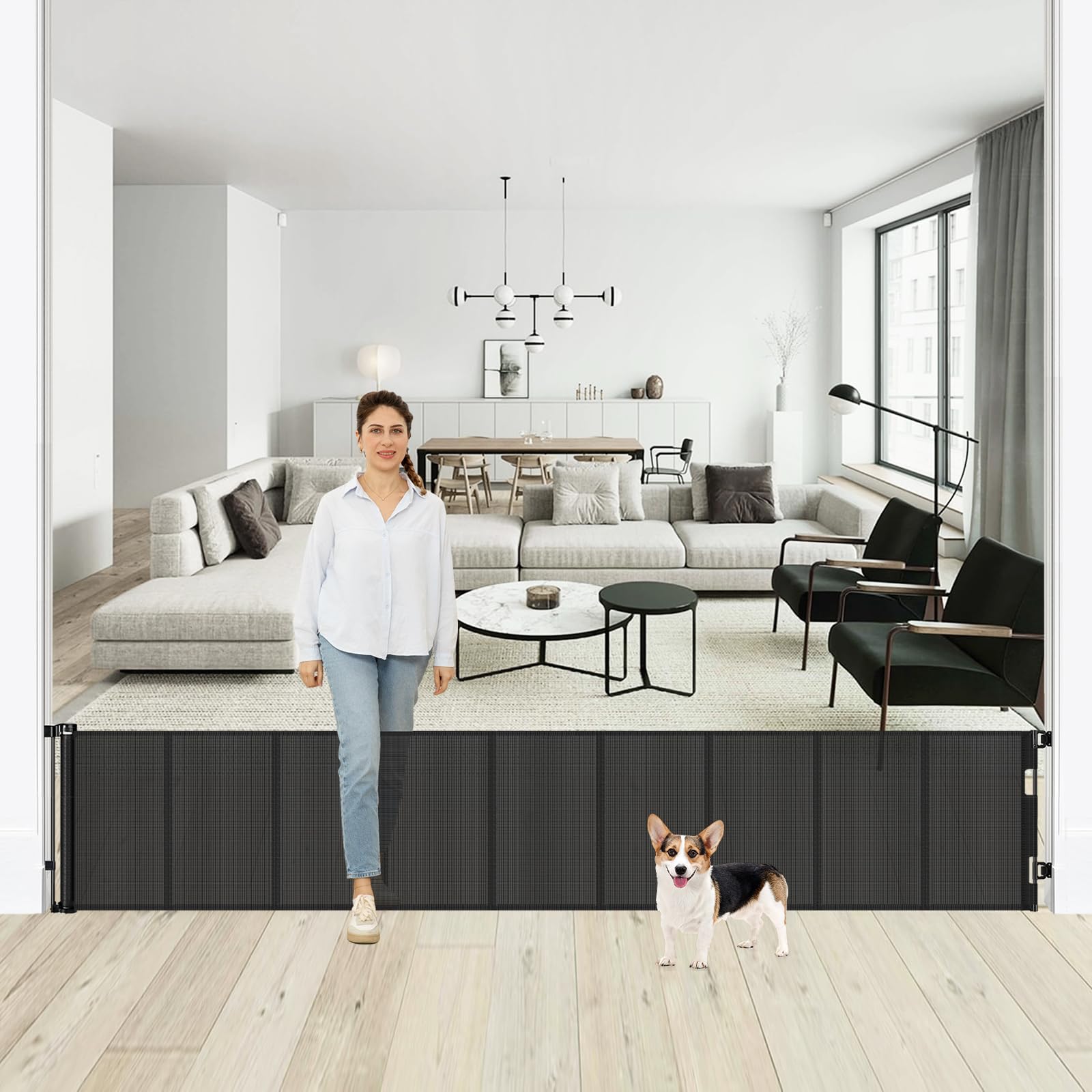 Borthmiu retractable gate extended wide for doorways, enabling flexible room openings.