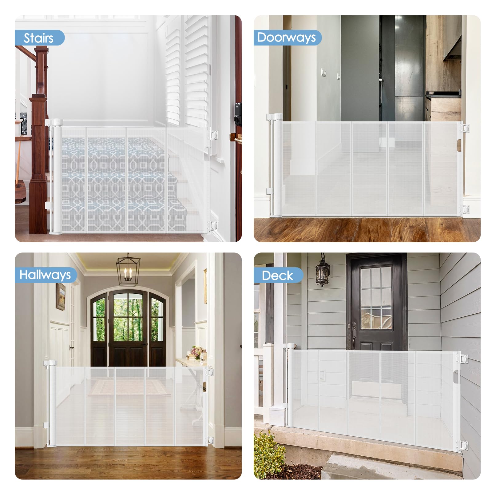 Borthmiu white stair gate installed on a stairs area for child safety