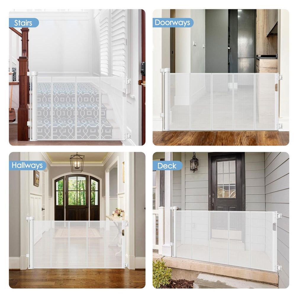 Borthmiu white stair gate installed on a stairs area for child safety