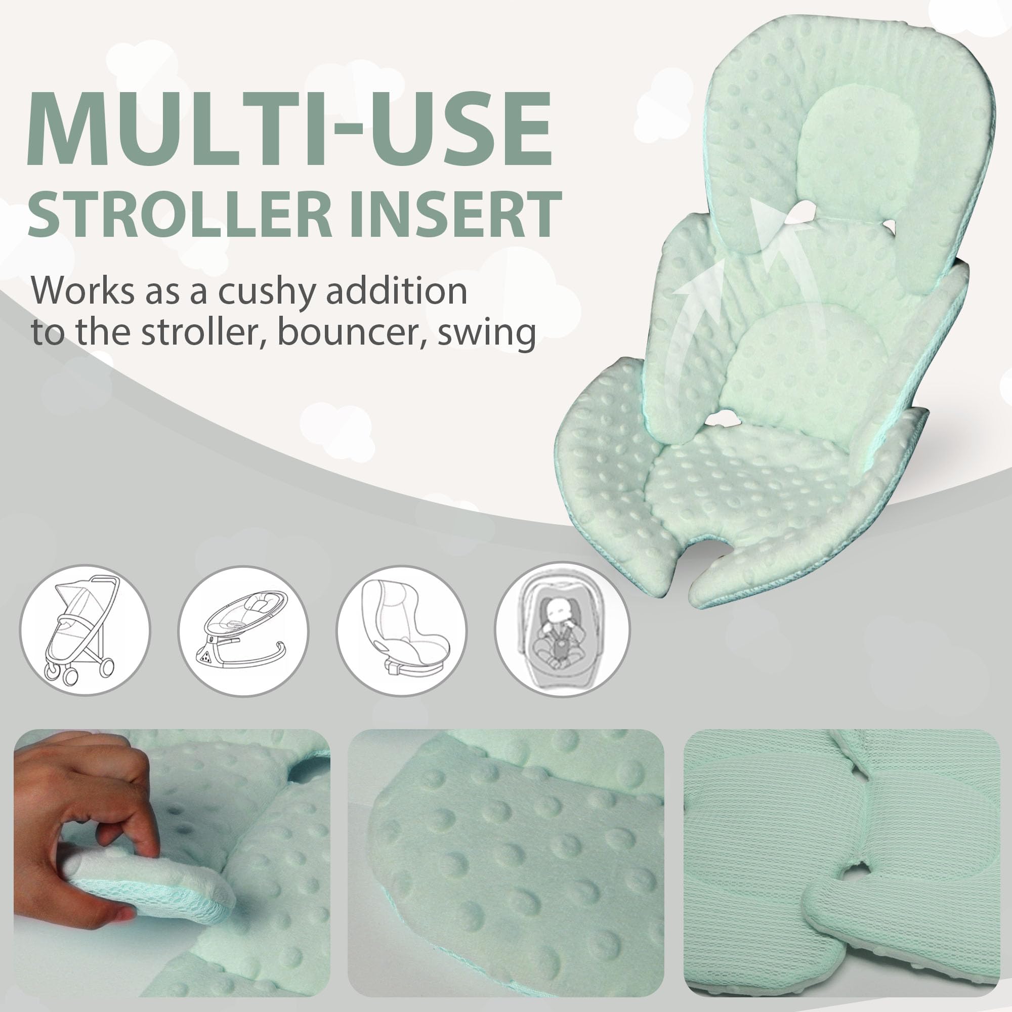Boryokun multi-use insert fits car seats, swings, bouncers, and strollers.