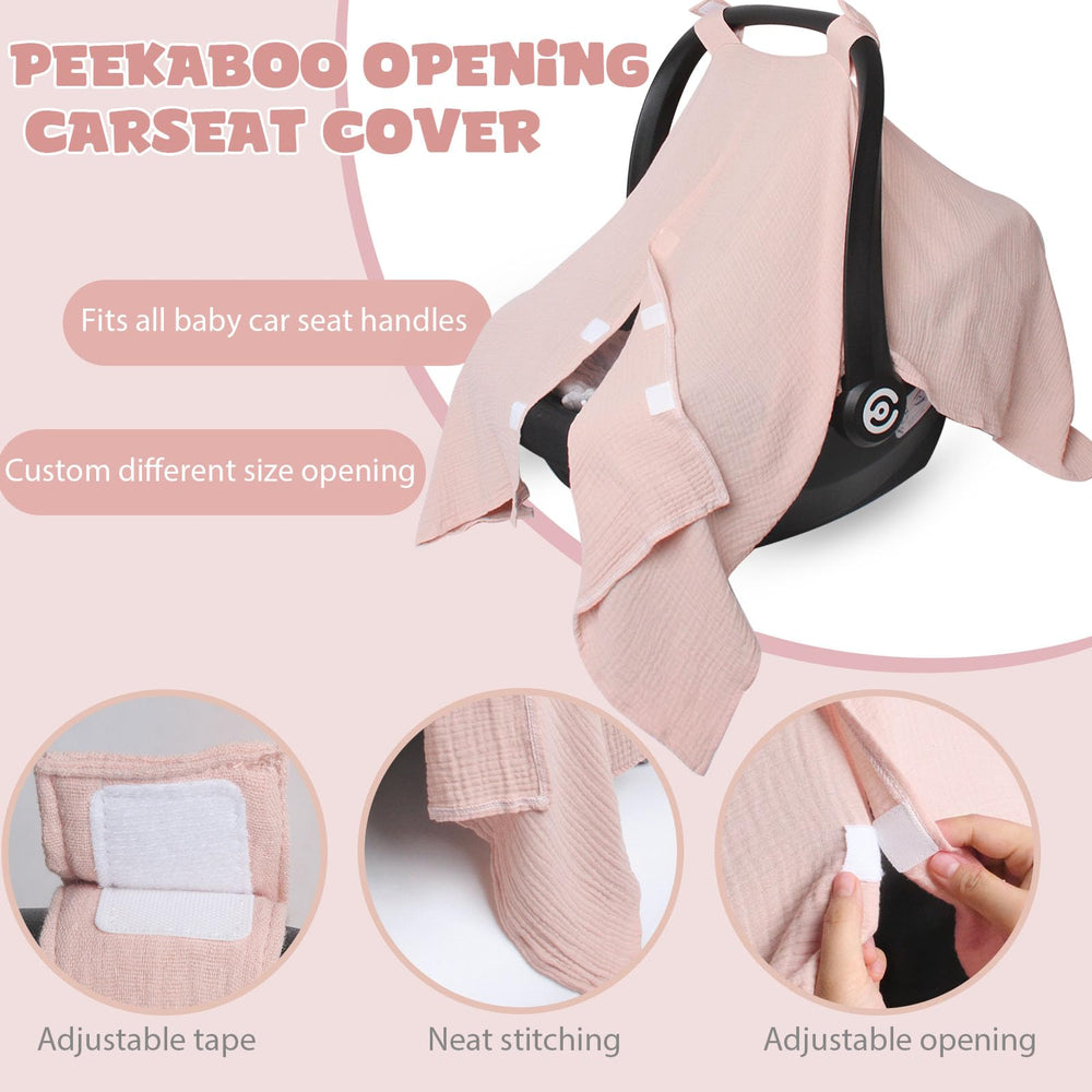 Boryokun muslin car seat cover showcases multipurpose use as swaddle or stroller cover.
