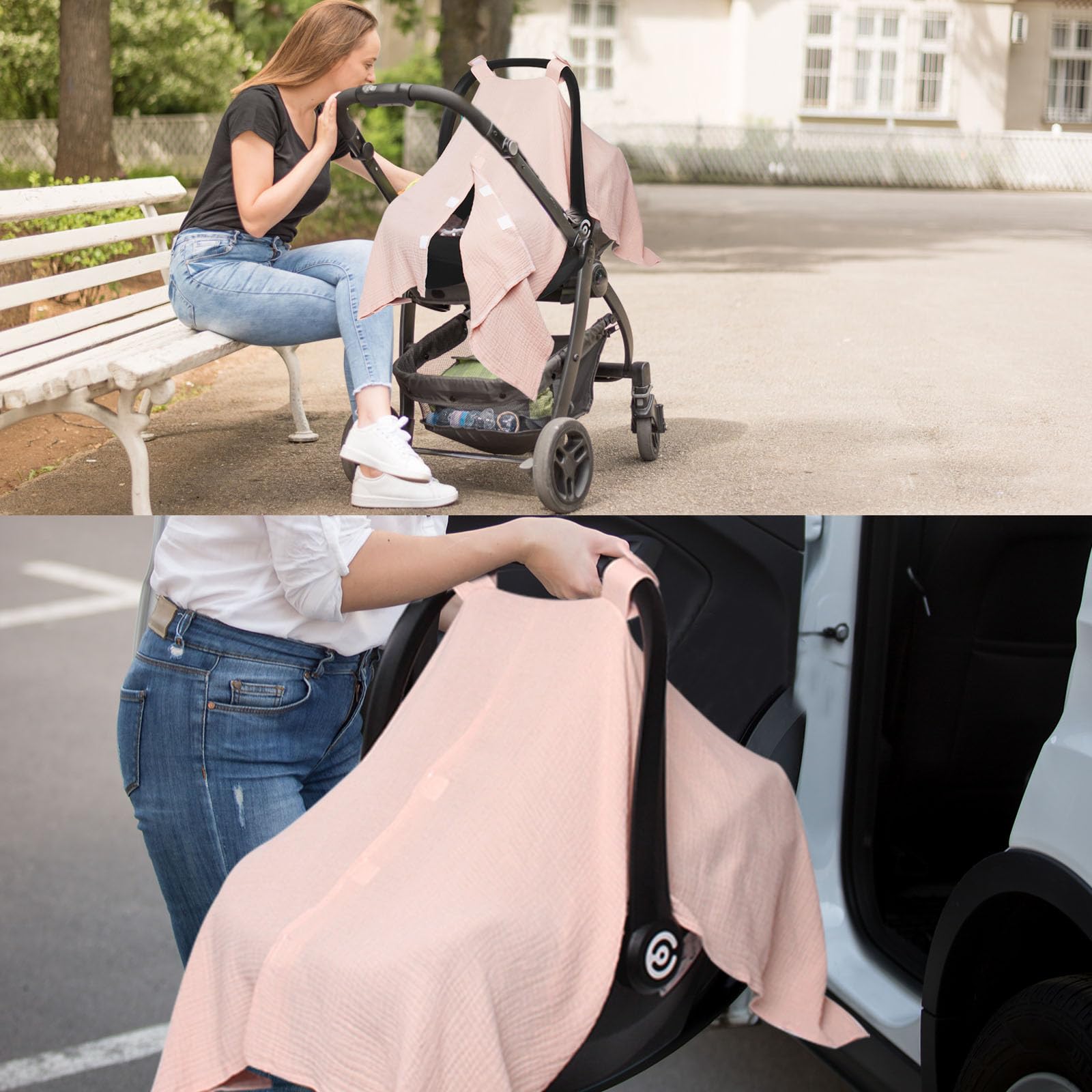 Boryokun pink muslin car seat cover is stylish and functional for baby essentials.