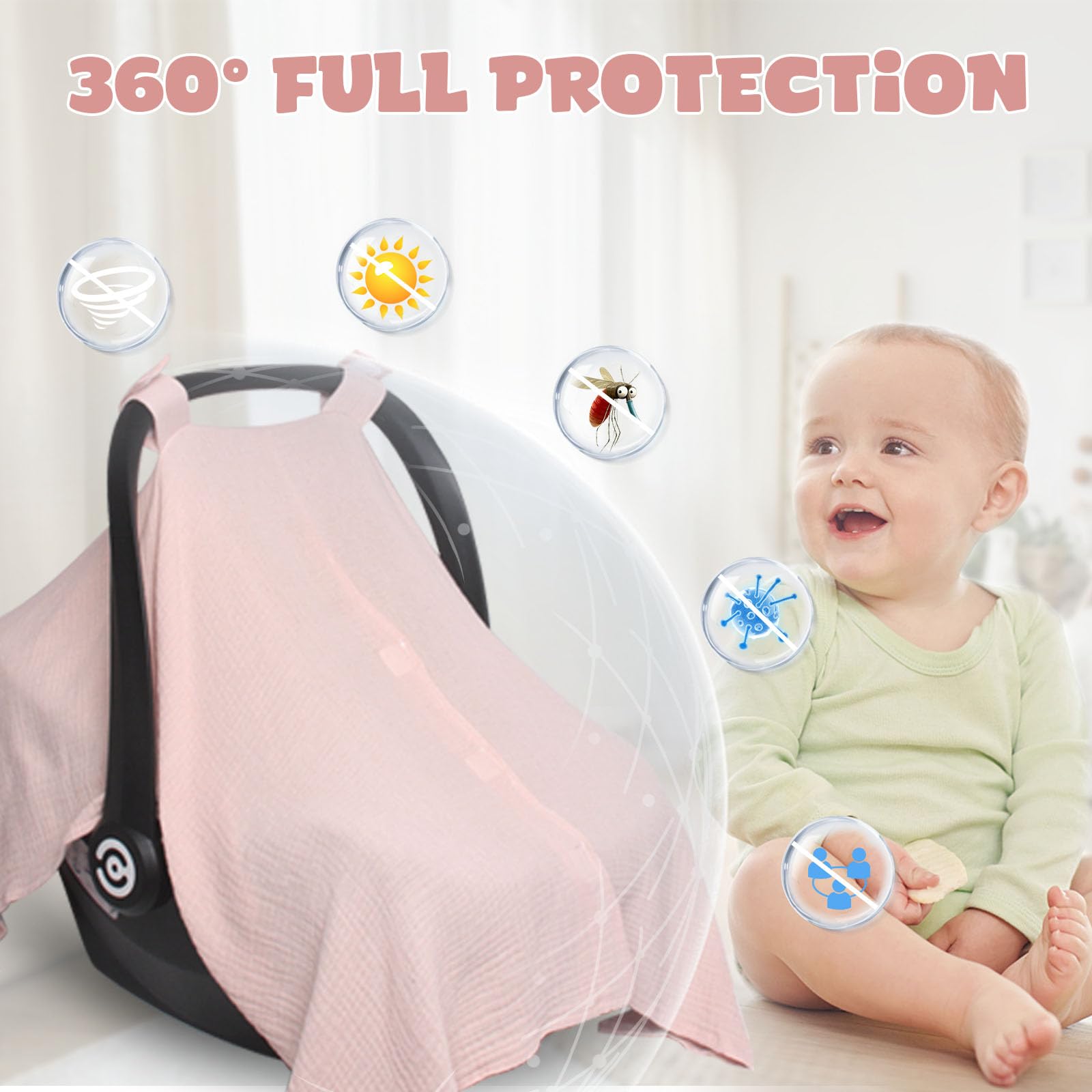 Boryokun muslin car seat cover offers sun and wind protection canopy.